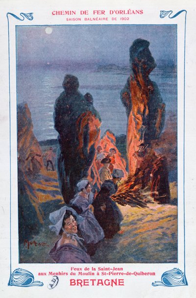 Bonfires Lit to Celebrate the Summer Solstice at Saint-Pierre-de-Quiberon, Brittany, Poster Advert for Orleans Railway by Jose Moreno Carbonero